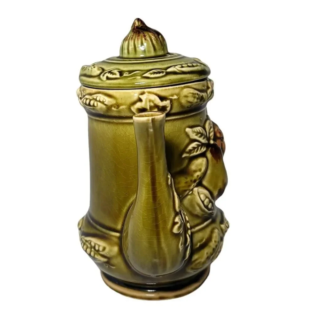 Vintage Ceramic Olive Green Teapot Fruit Veggies Decor Made in Japan‎